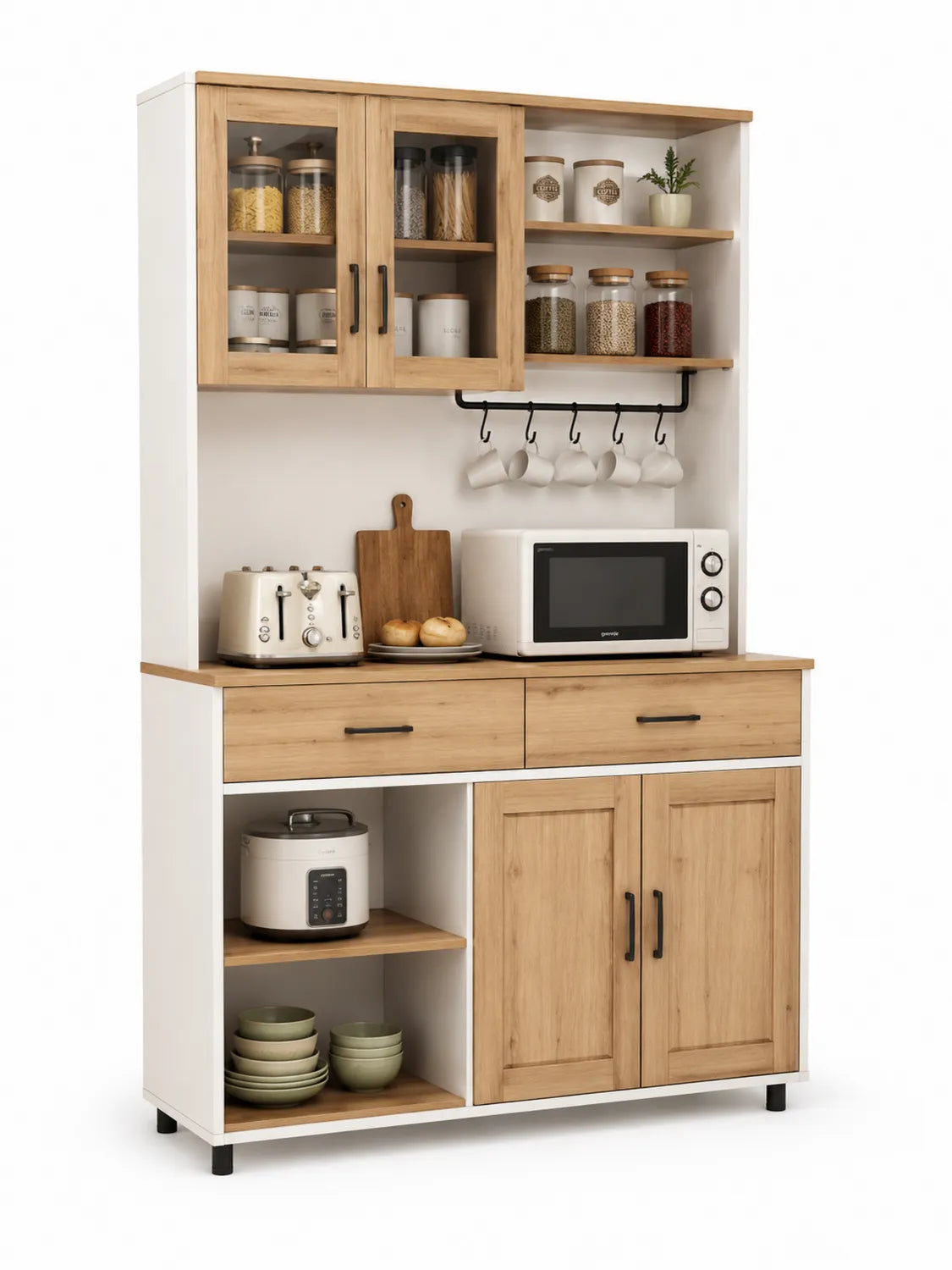 Armario de Cocina de Madera y Blanco con Puertas de Vidrio Templado