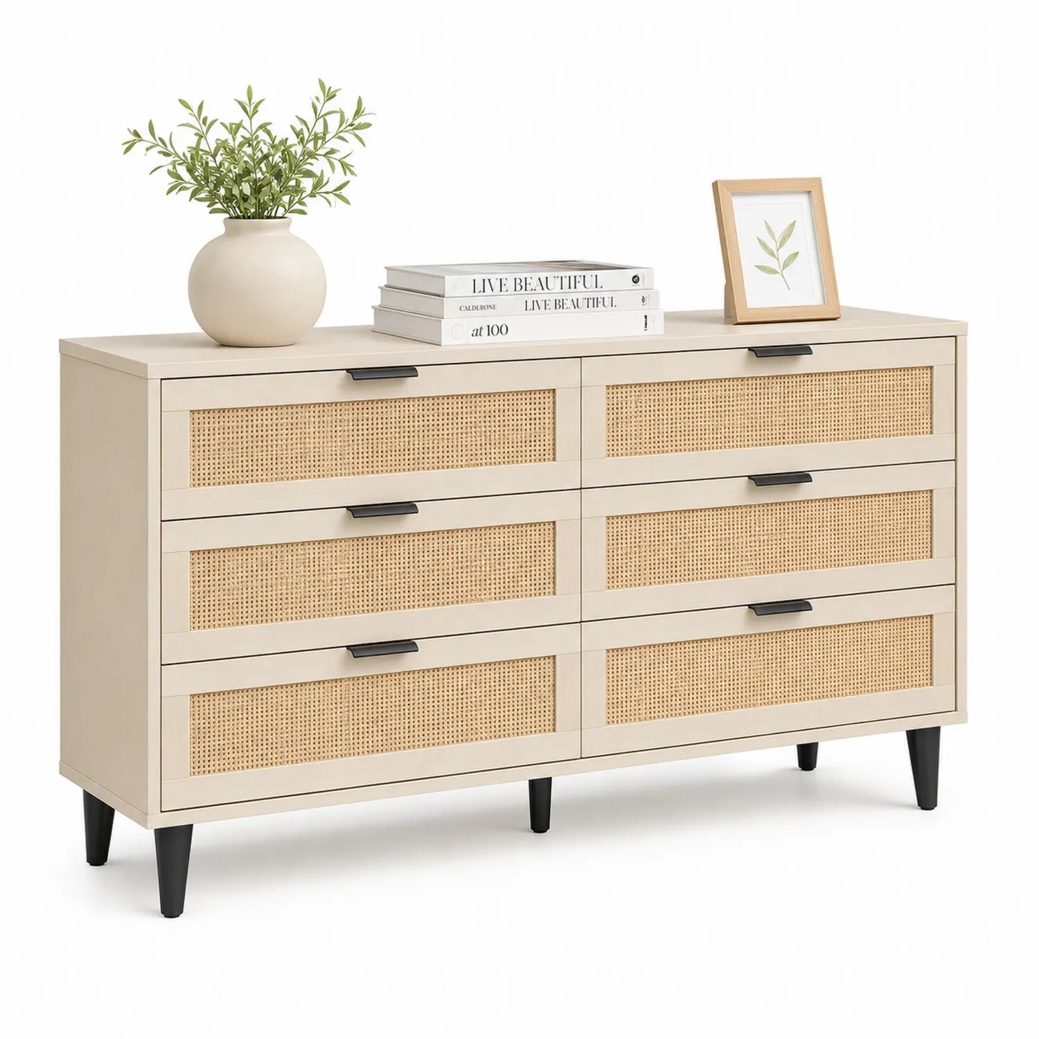 Cajonera de madera con paneles de ratán de seis cajones Beige