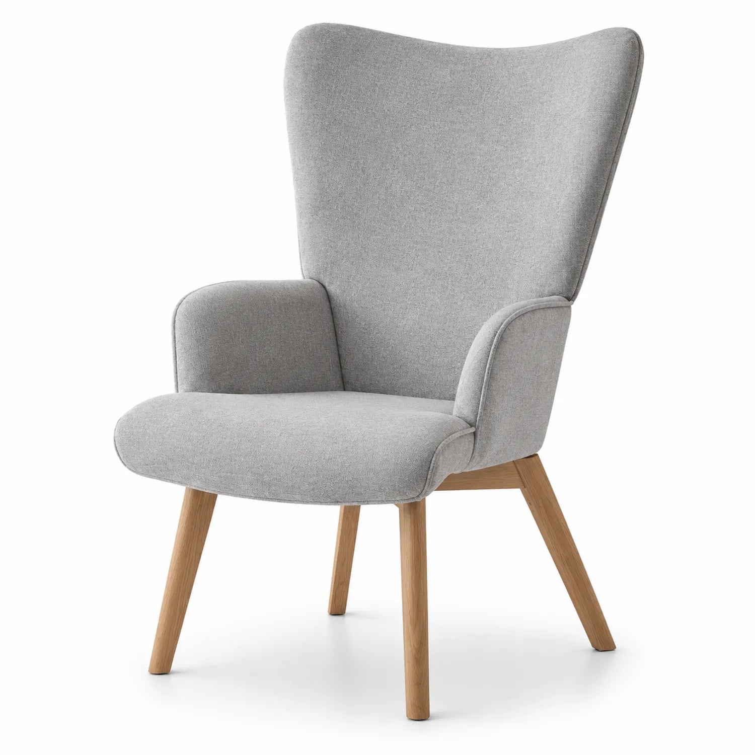 Silla de Tela Gris con Respaldo Alto y Patas de Madera