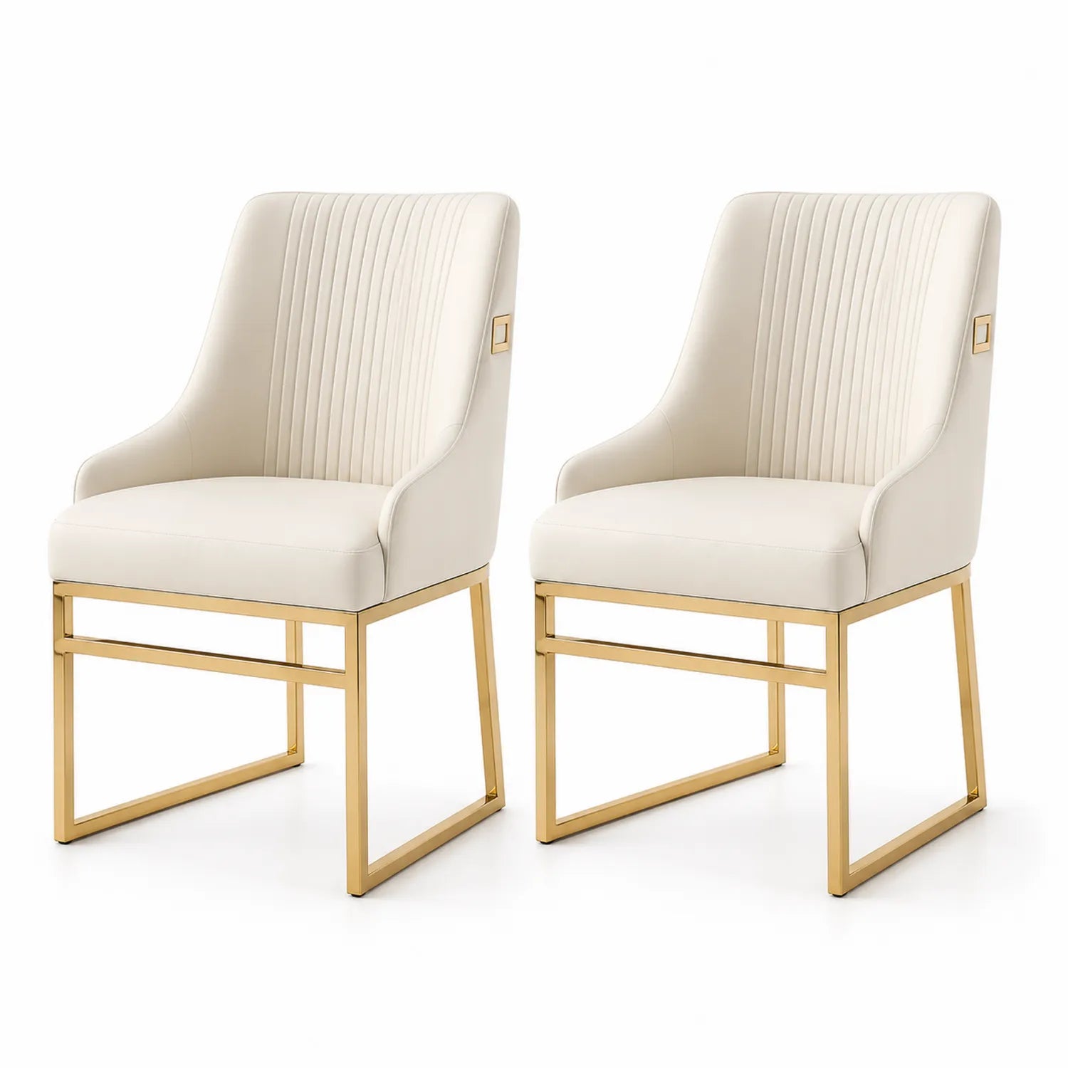 Juego de 2 sillas de cuero sintético beige con estructura de acero dorado