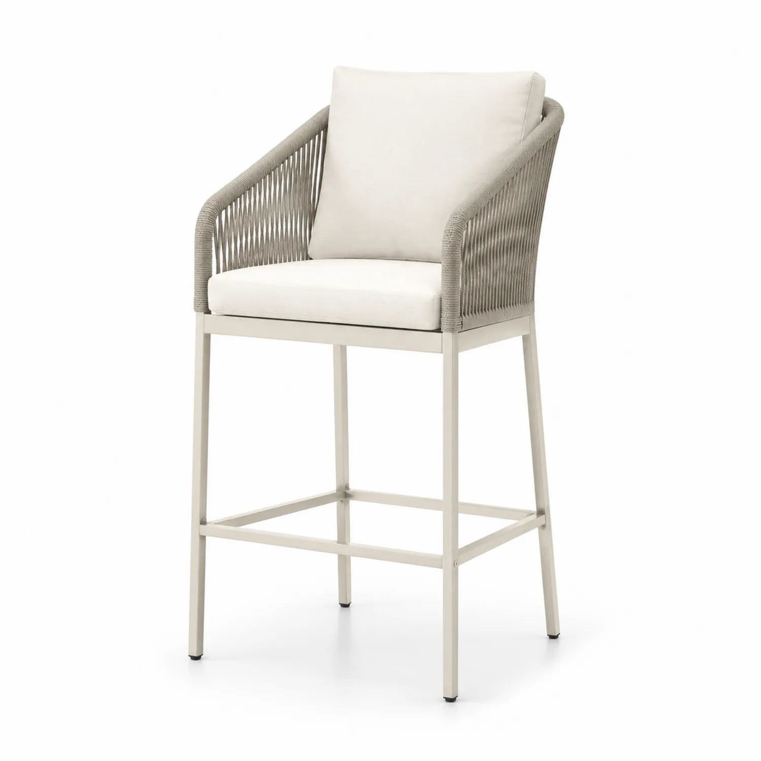 Silla alta de aluminio con respaldo de cuerda y cojín, Beige y Gris