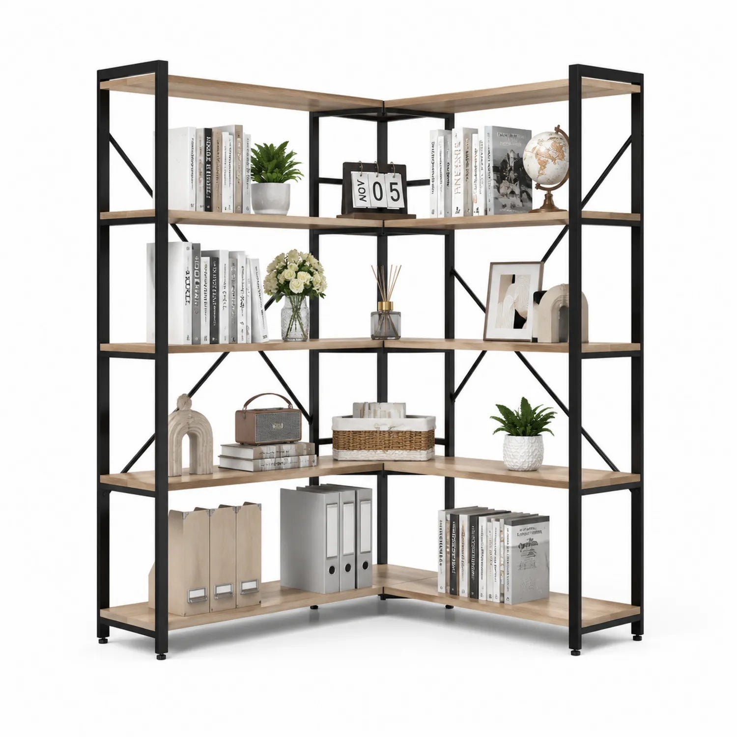 Estantería de Esquina en Madera MDF y Metal Negro 180x135x30 cm