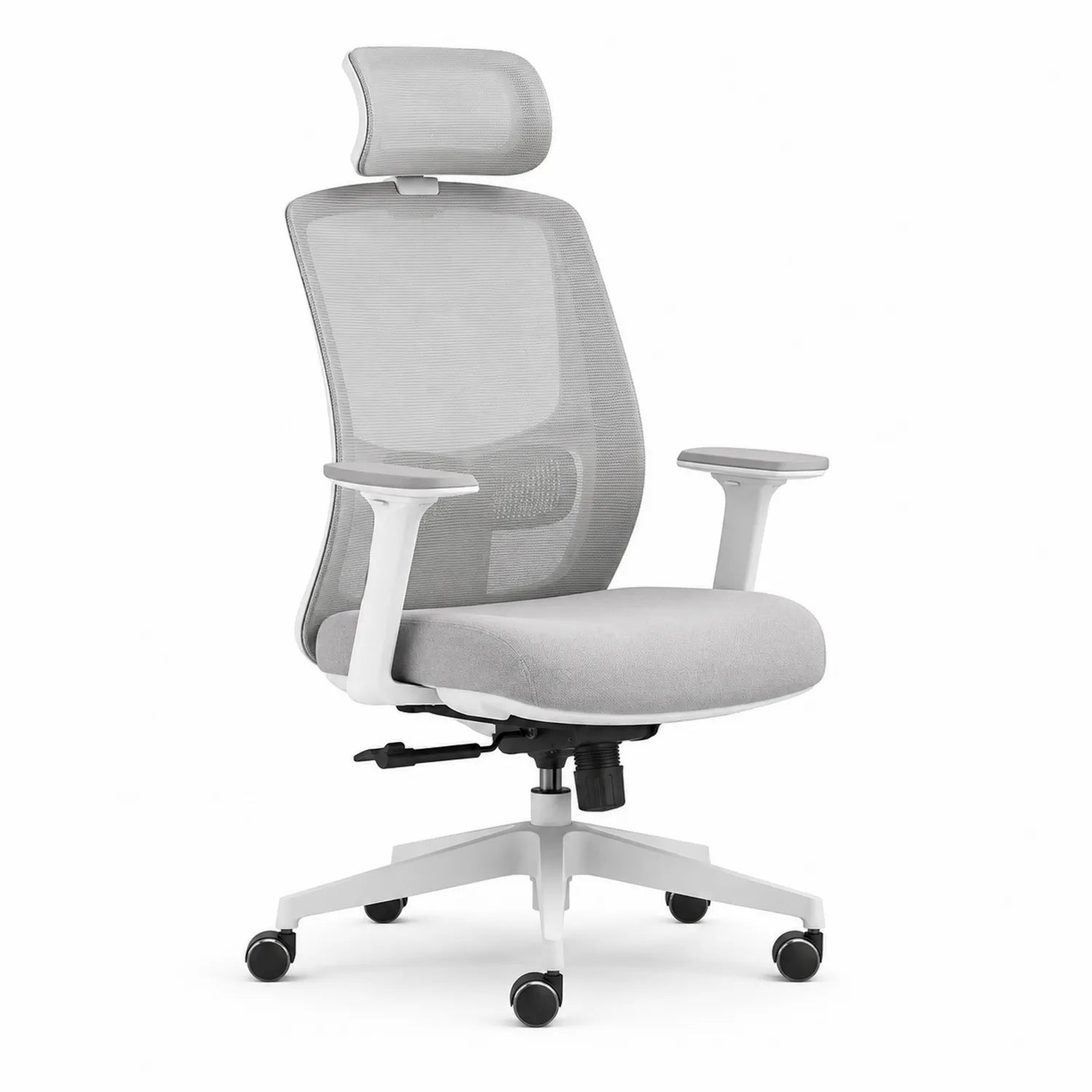 Silla de oficina ergonómica con respaldo de malla gris y reposacabezas ajustable