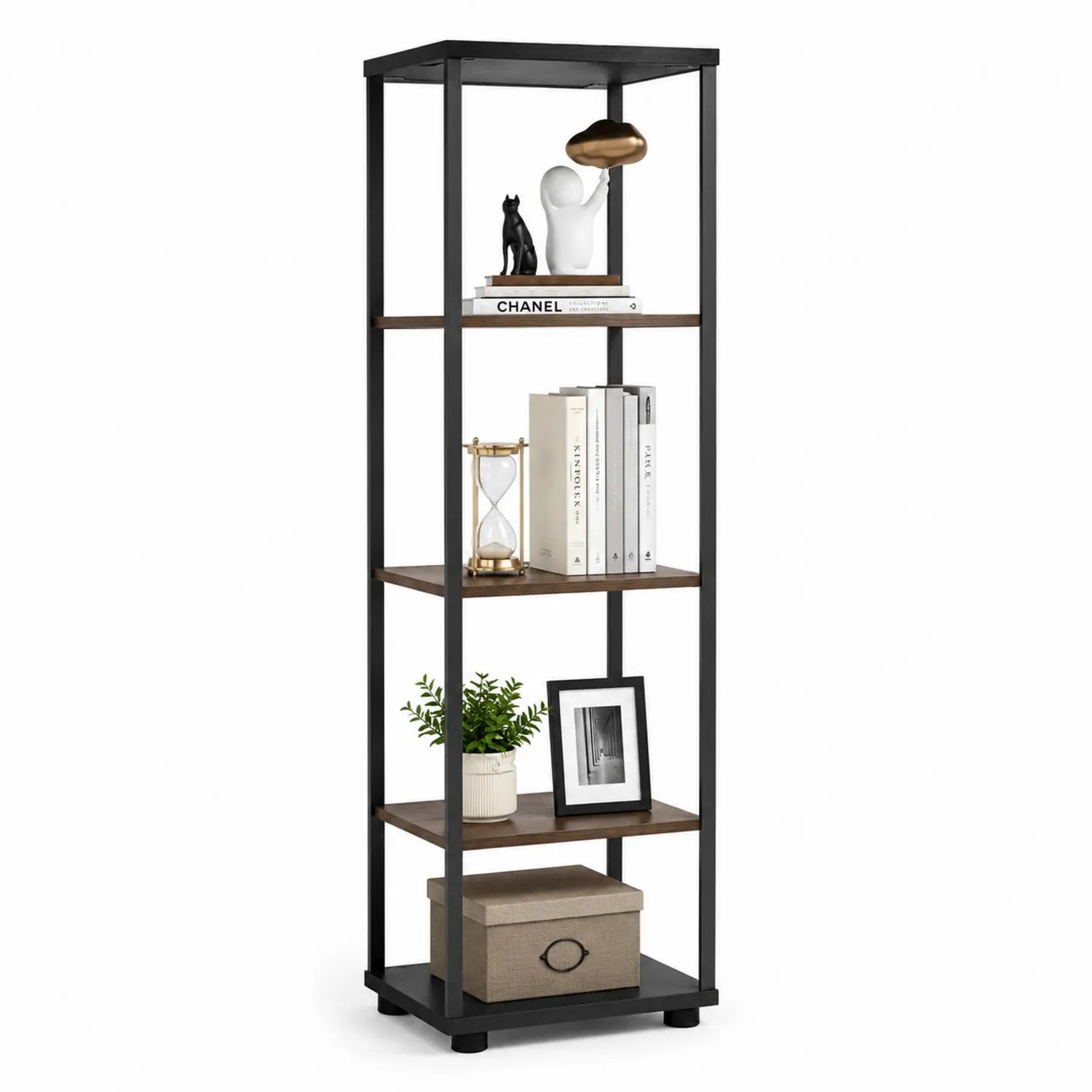 Estantería de Metal Negro y Madera Marrón de 4 Niveles