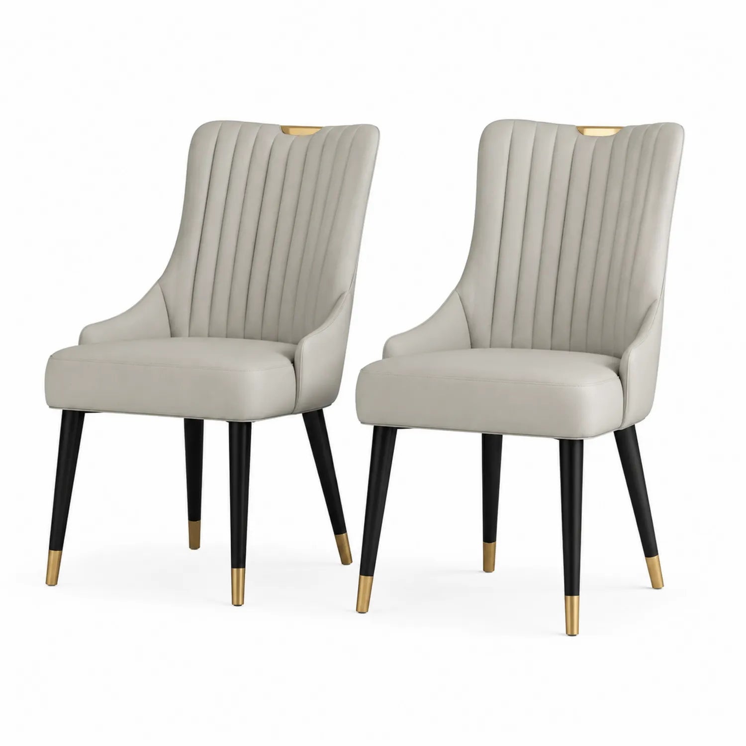 Conjunto de 2 sillas de cuero sintético beige con patas metálicas negras y detalles dorados