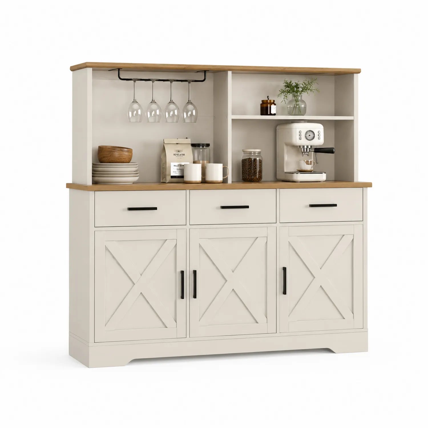 Aparador de Cocina de Madera Blanco con Encimera de Roble y Soporte de Copas
