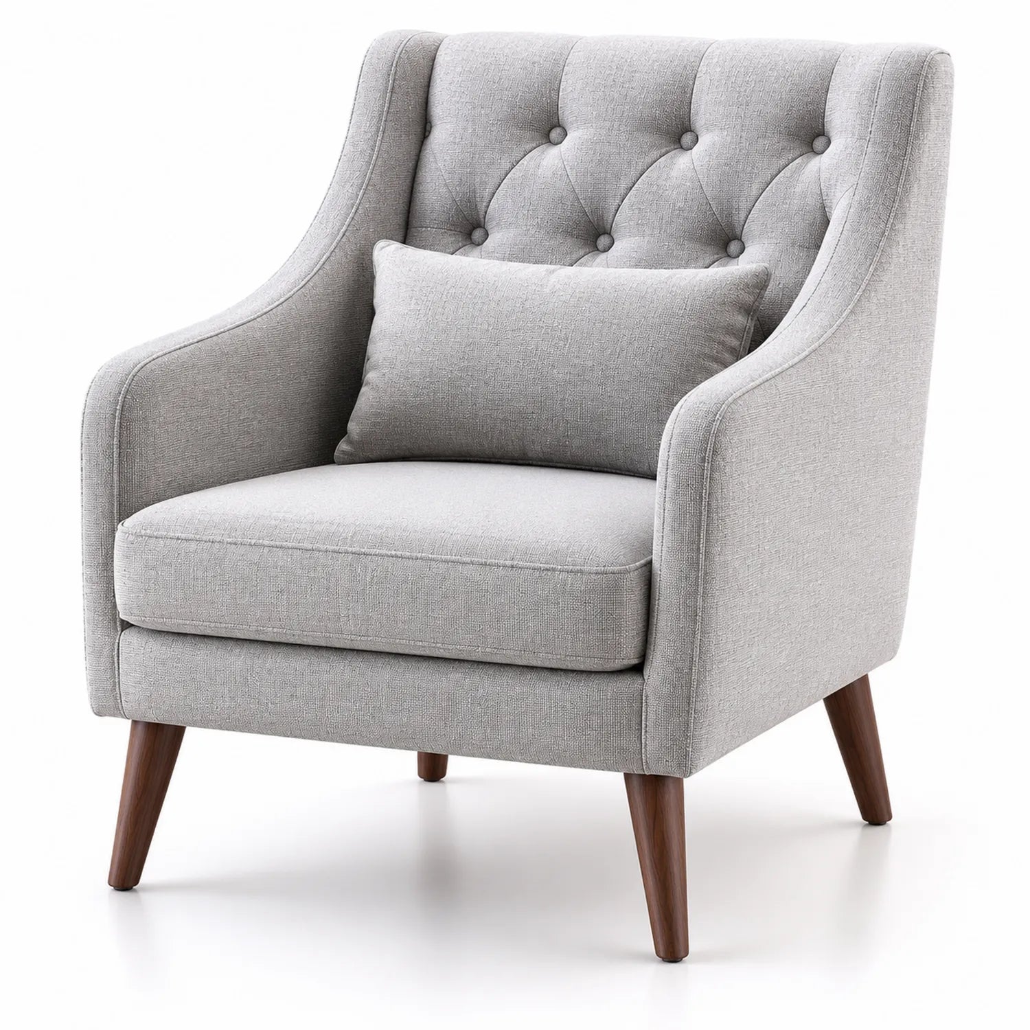 Sillón tapizado gris con patas de madera