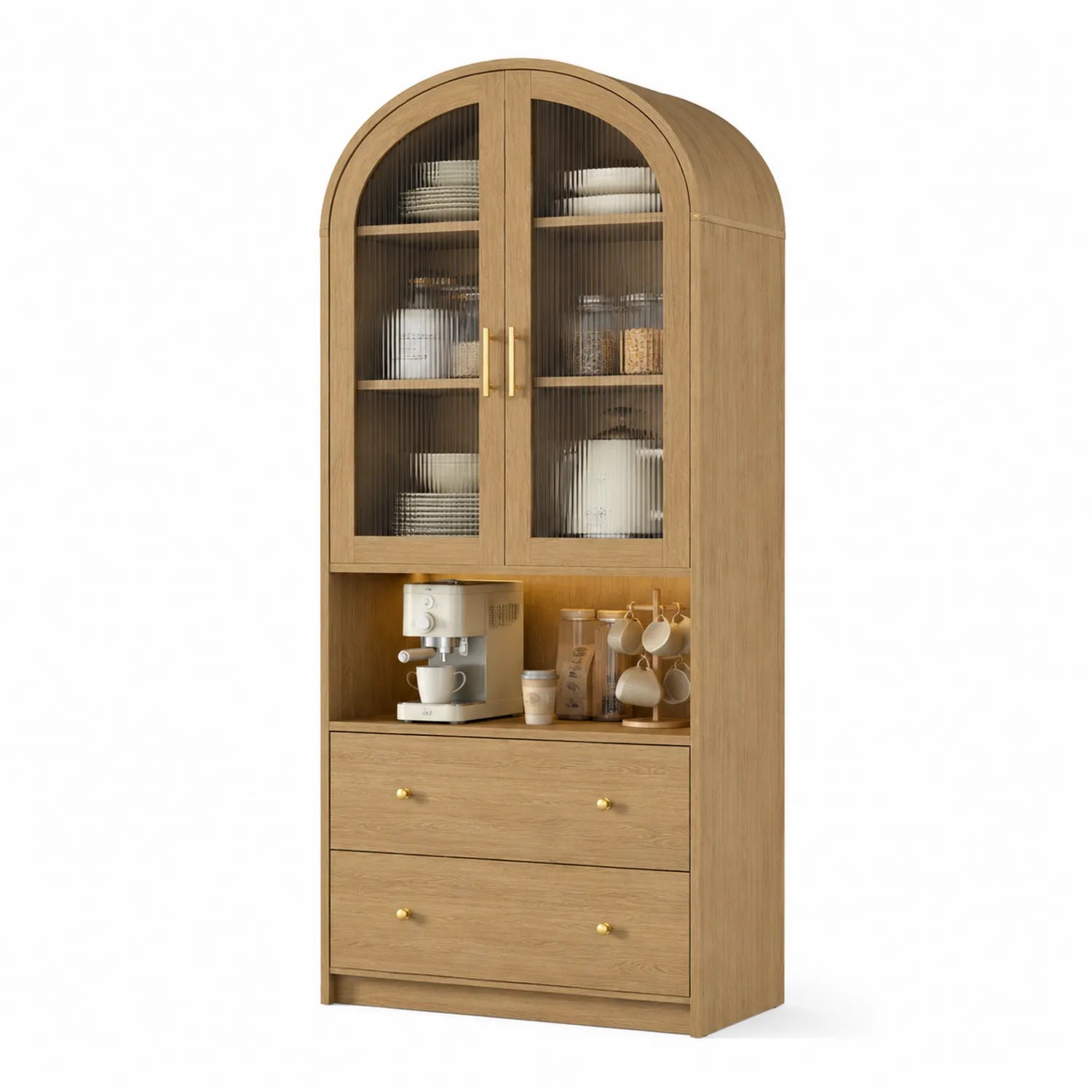Aparador de Madera de Roble con Puertas de Vidrio Estriado