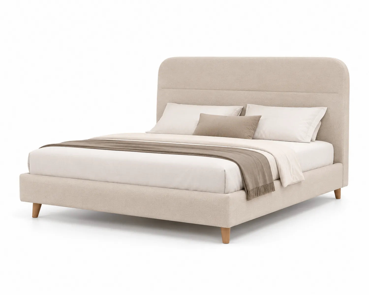 Cama de tela con cabecero redondeado, 200x160 cm, beige