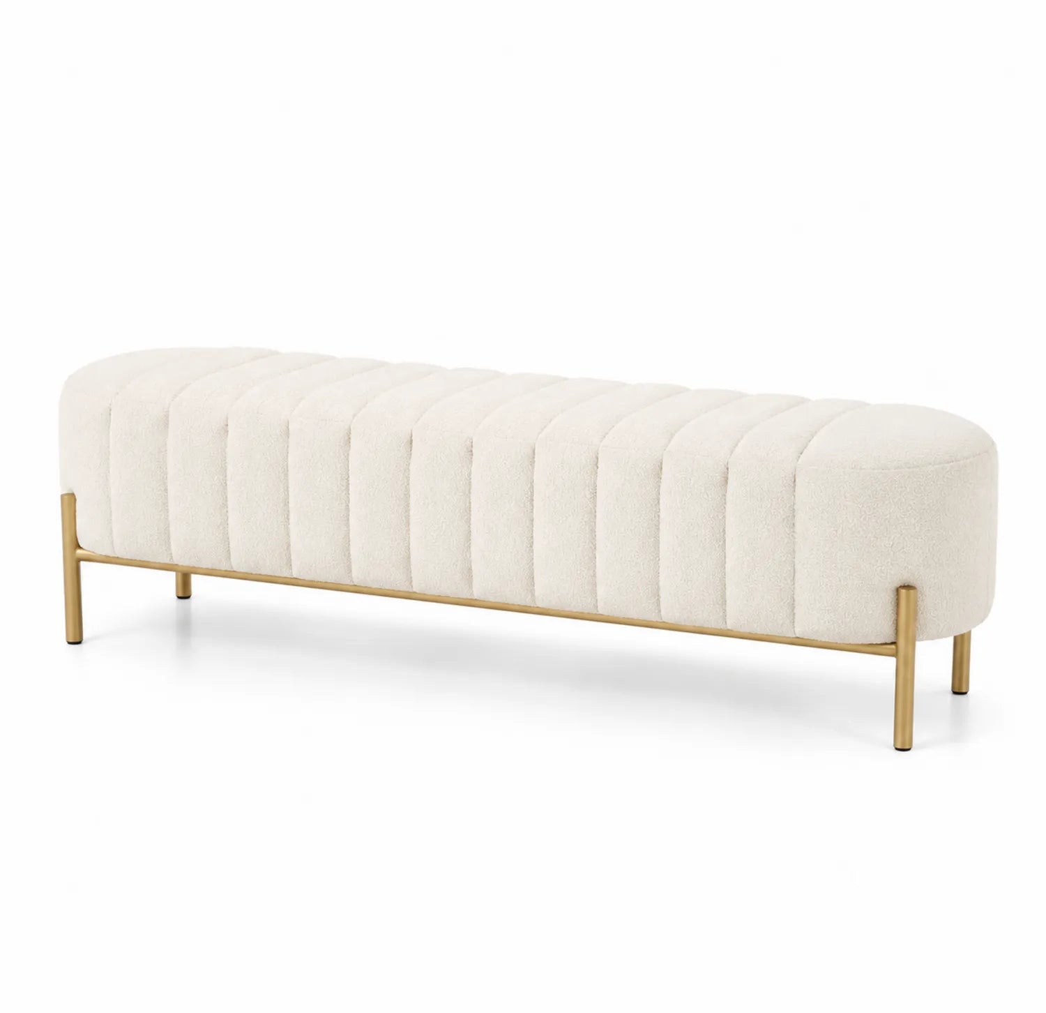 Banco de tela beige con estructura de metal dorado