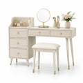 Tocador de Madera Beige con Espejo Redondo y Taburete