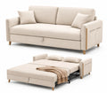 Sofá cama de tela beige con estructura de madera y metal