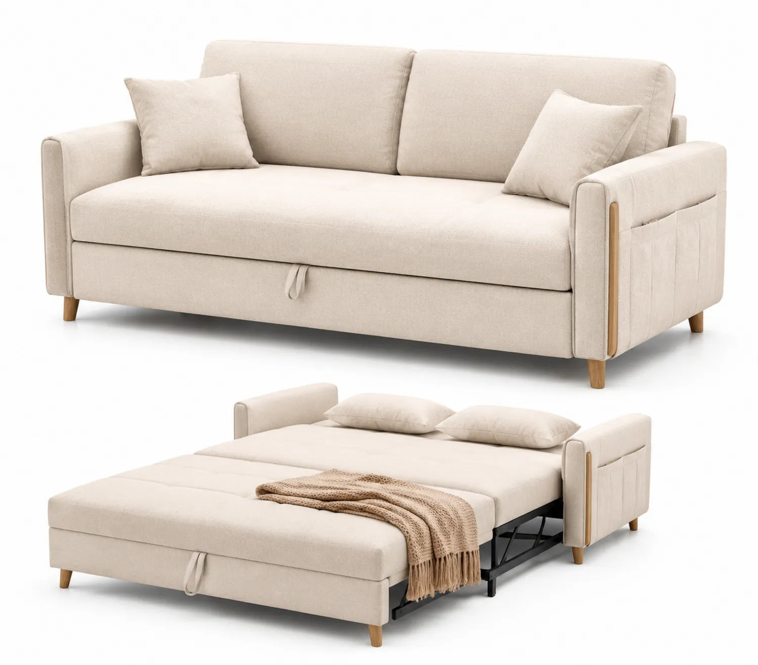 Sofá cama de tela beige con estructura de madera y metal