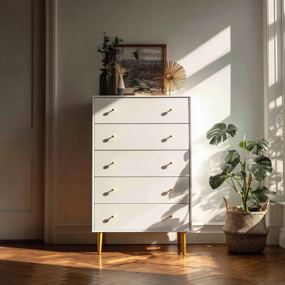 Chest of Drawers 5-Drawer Wood 90x45x130 cm - White - Modern Design