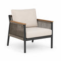 Sillón de Exterior con Armazón de Aluminio y Cuerda de Poliéster, Cojines Beige y Reposabrazos de Roble