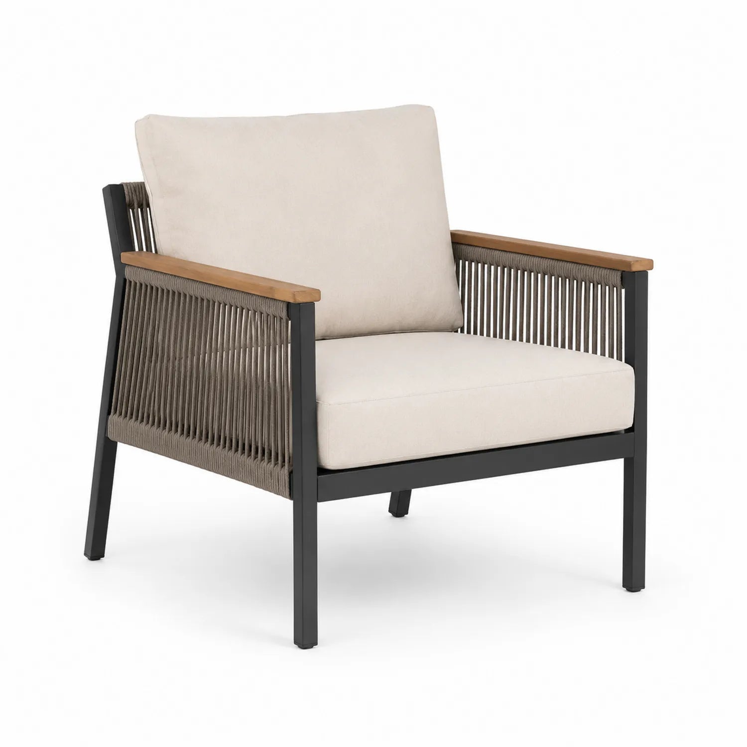 Sillón de Exterior con Armazón de Aluminio y Cuerda de Poliéster, Cojines Beige y Reposabrazos de Roble