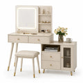Tocador con Taburete y Espejo LED Beige de Madera