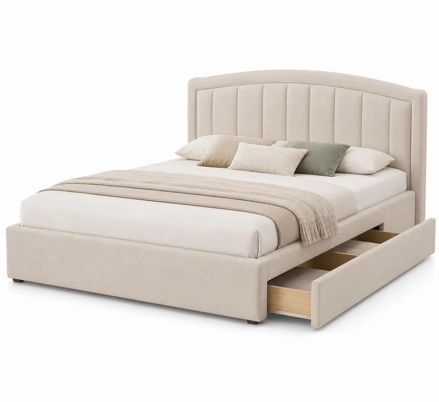 Cama con cabecero curvo de poliéster beige con almacenamiento 200x160 cm