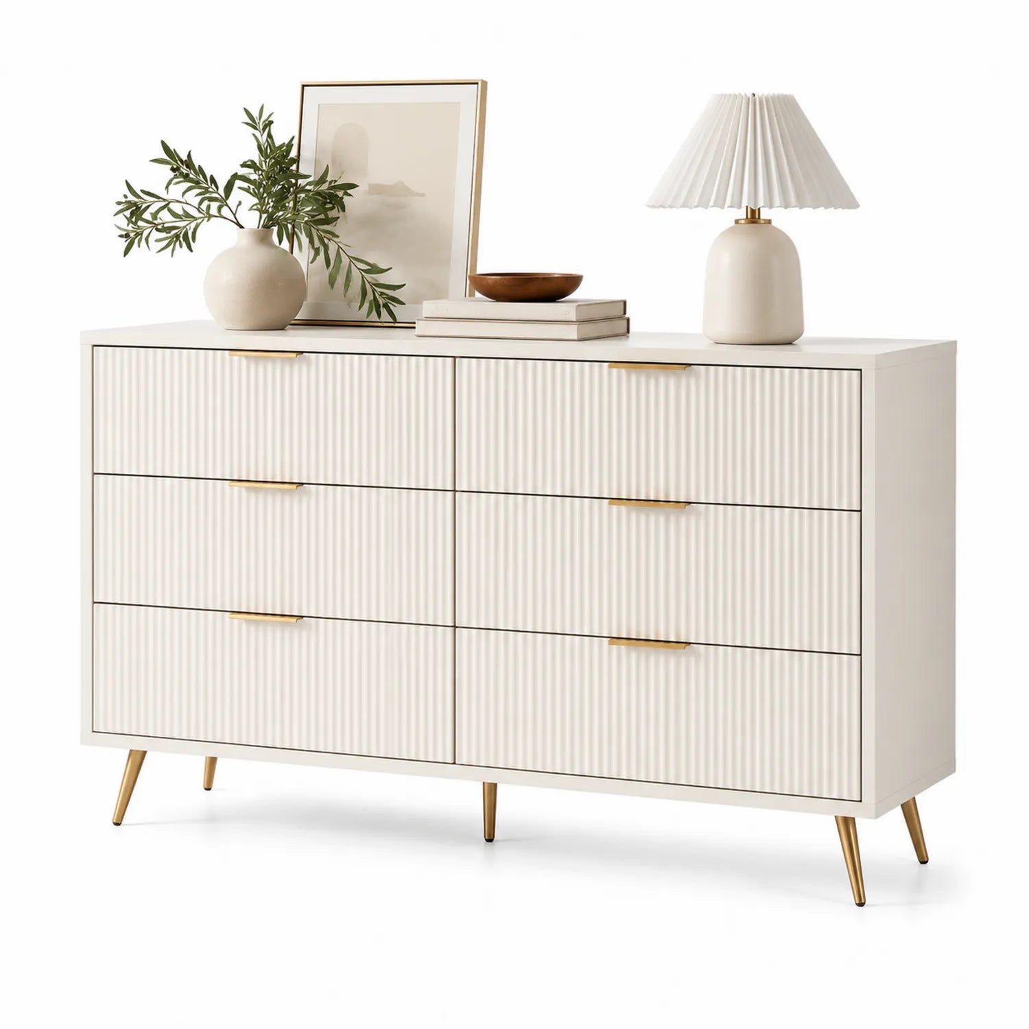 Cómoda de Madera con Seis Cajones Blanco/Dorado