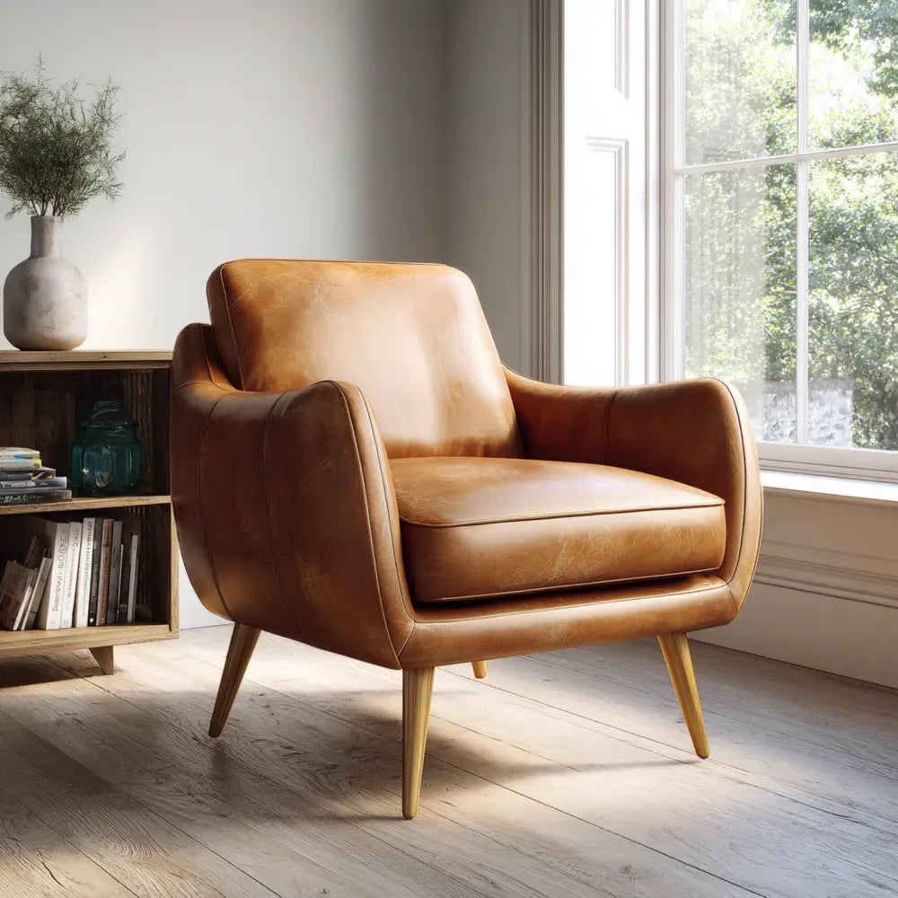 Armchair Leather Upholstery 80x85x75 cm - Warm Brown - Mid-Century Modern