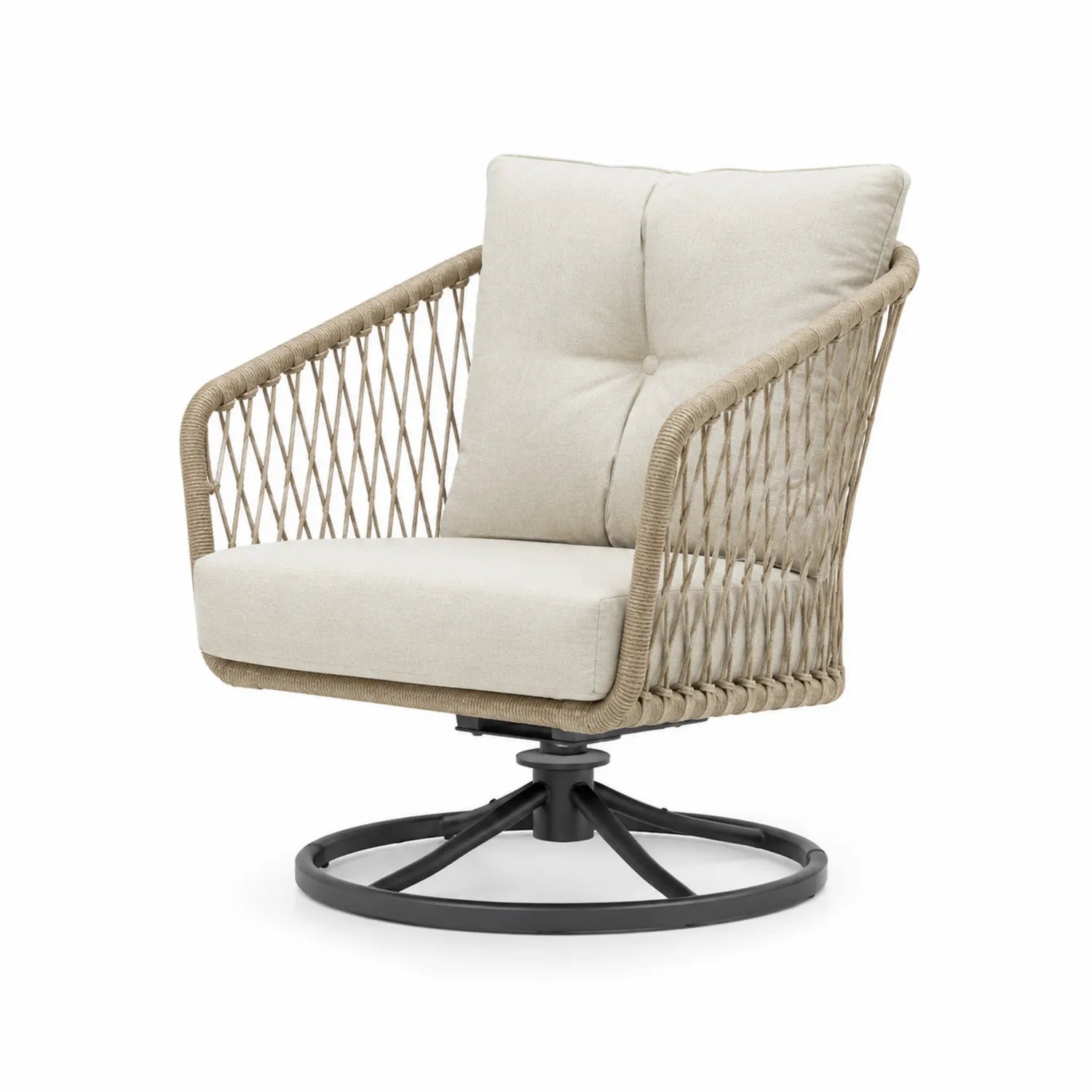 Silla giratoria de exterior con cuerda de poliéster y cojines beige