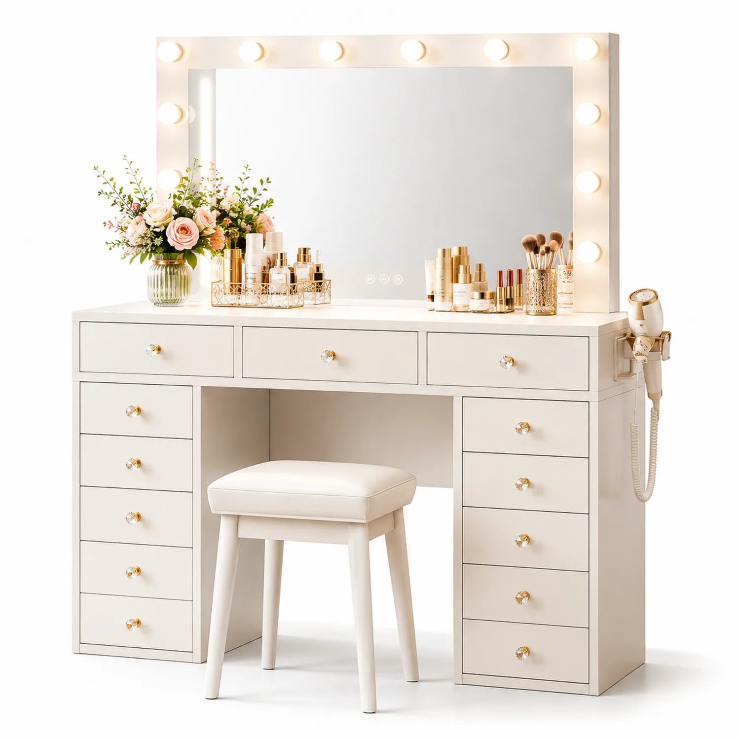 Tocador de Madera con Espejo LED y Taburete, Blanco