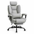 Silla de oficina de cuero sintético gris con reposacabezas y reposapiés