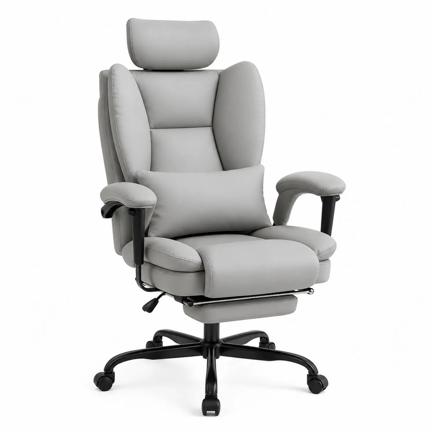 Silla de oficina de cuero sintético gris con reposacabezas y reposapiés
