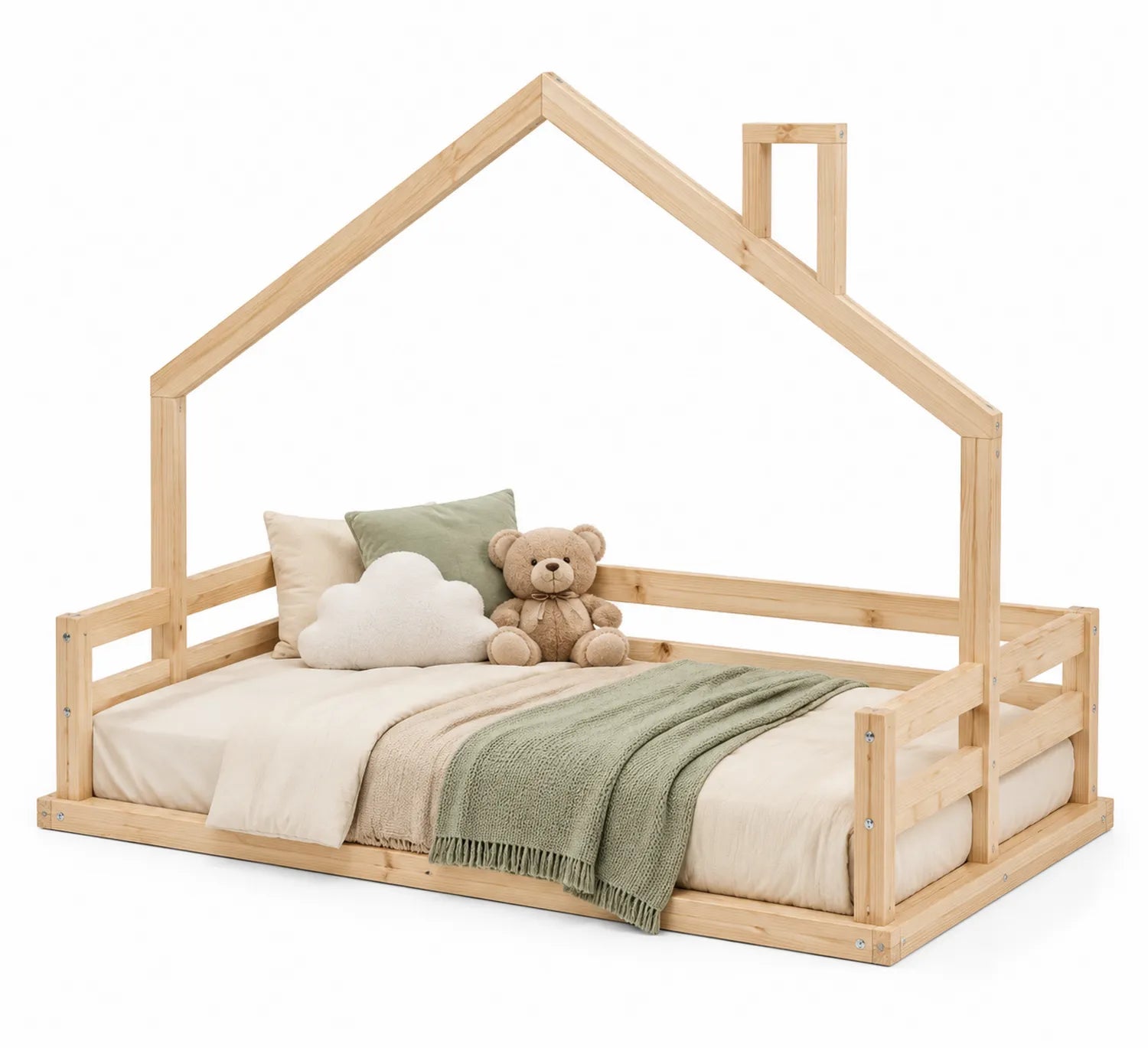 Cama infantil de madera de pino con estructura de casa