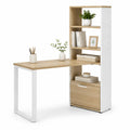 Escritorio en L con estantería de MDF y metal, Roble y Blanco