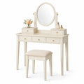 Tocador de Madera con Espejo Redondo y Taburete, Beige