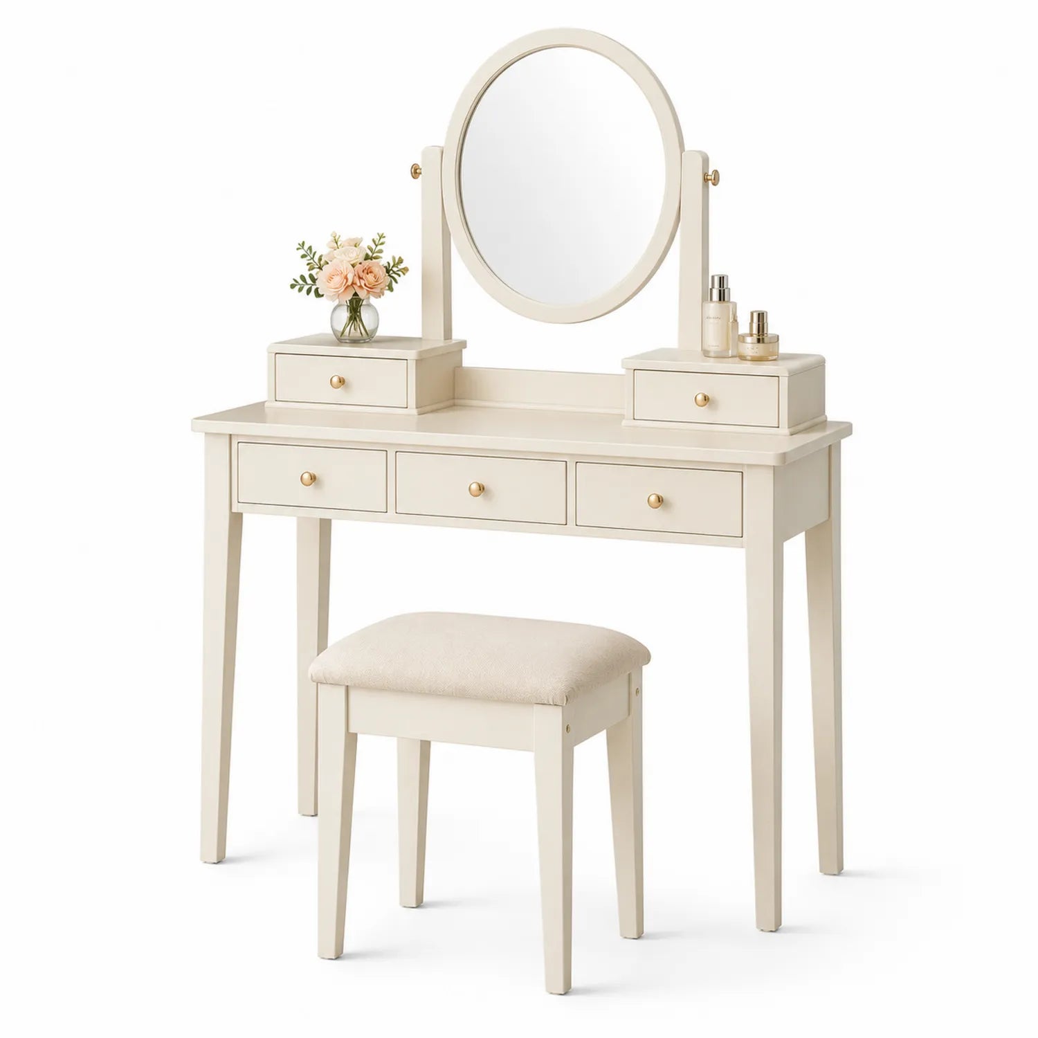 Tocador de Madera con Espejo Redondo y Taburete, Beige