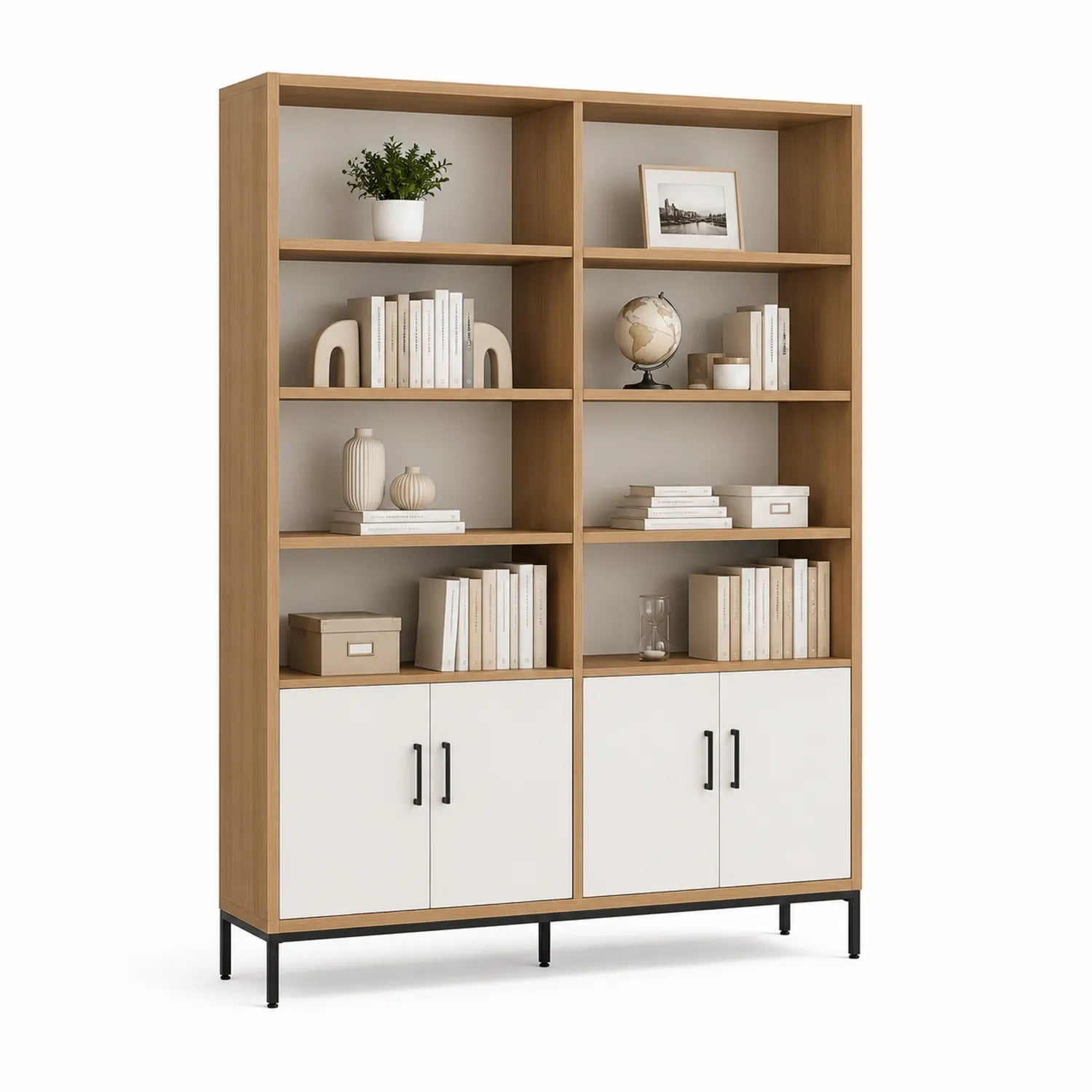 Estantería de Madera con Puertas de MDF y Base Metálica