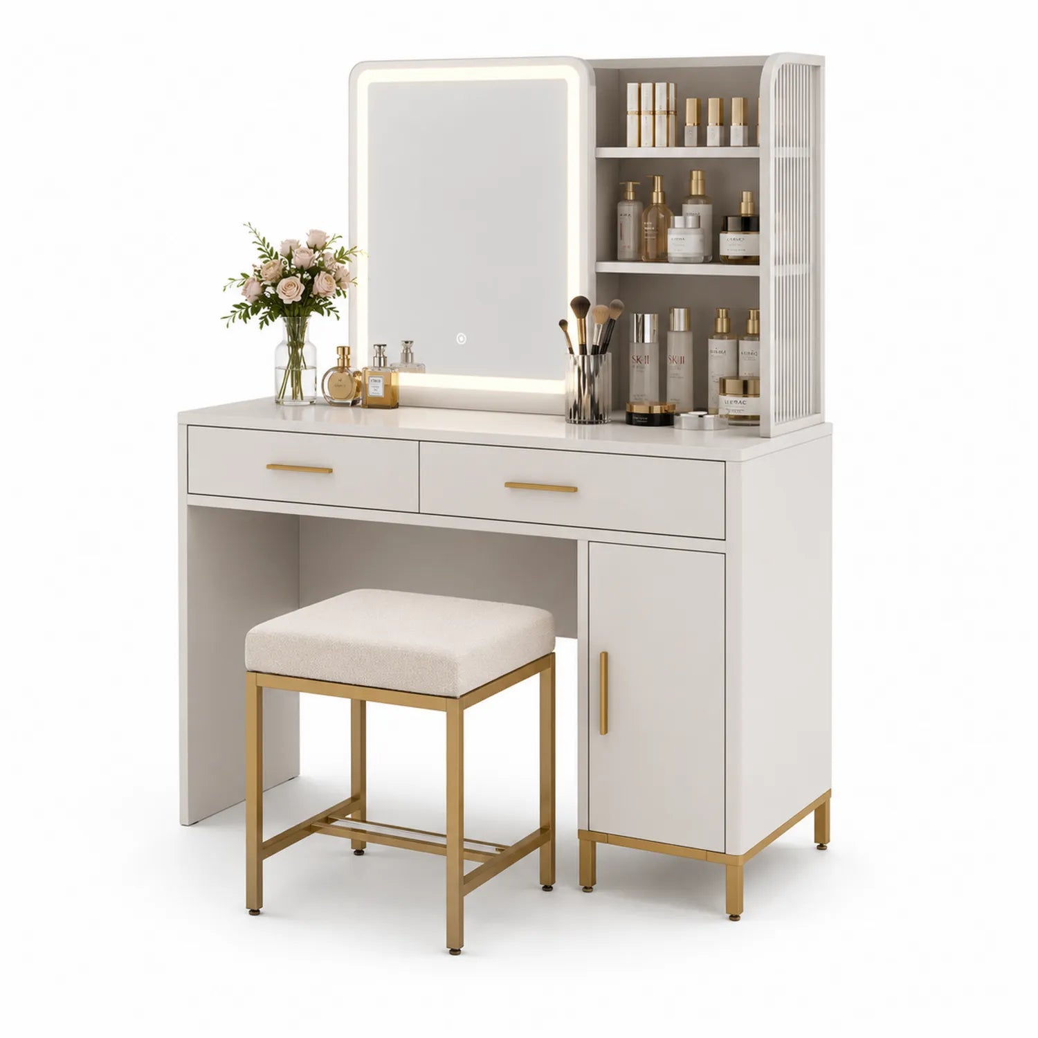 Tocador de MDF Blanco con Espejo LED y Taburete