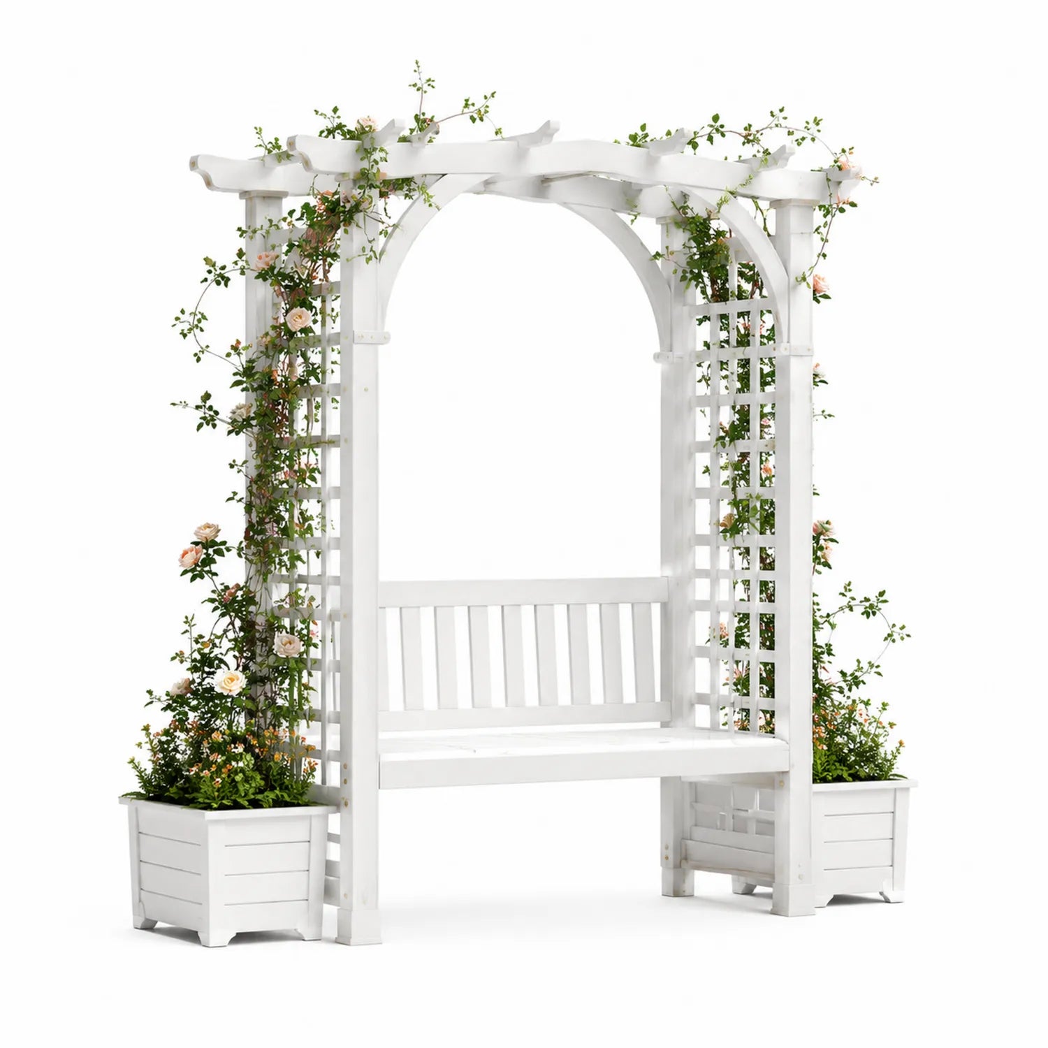 Arco de jardín de madera con banco blanco