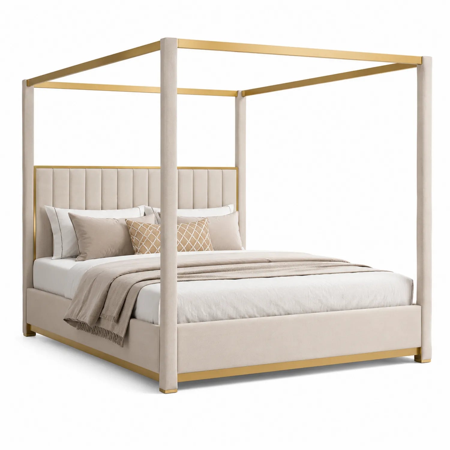 Cama con Dosel de Terciopelo Marfil y Metal Dorado 200x180 cm
