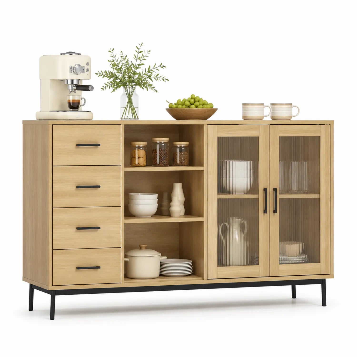 Aparador de Madera con Vidrio Acanalado y Estructura Metálica 160x45x80 cm